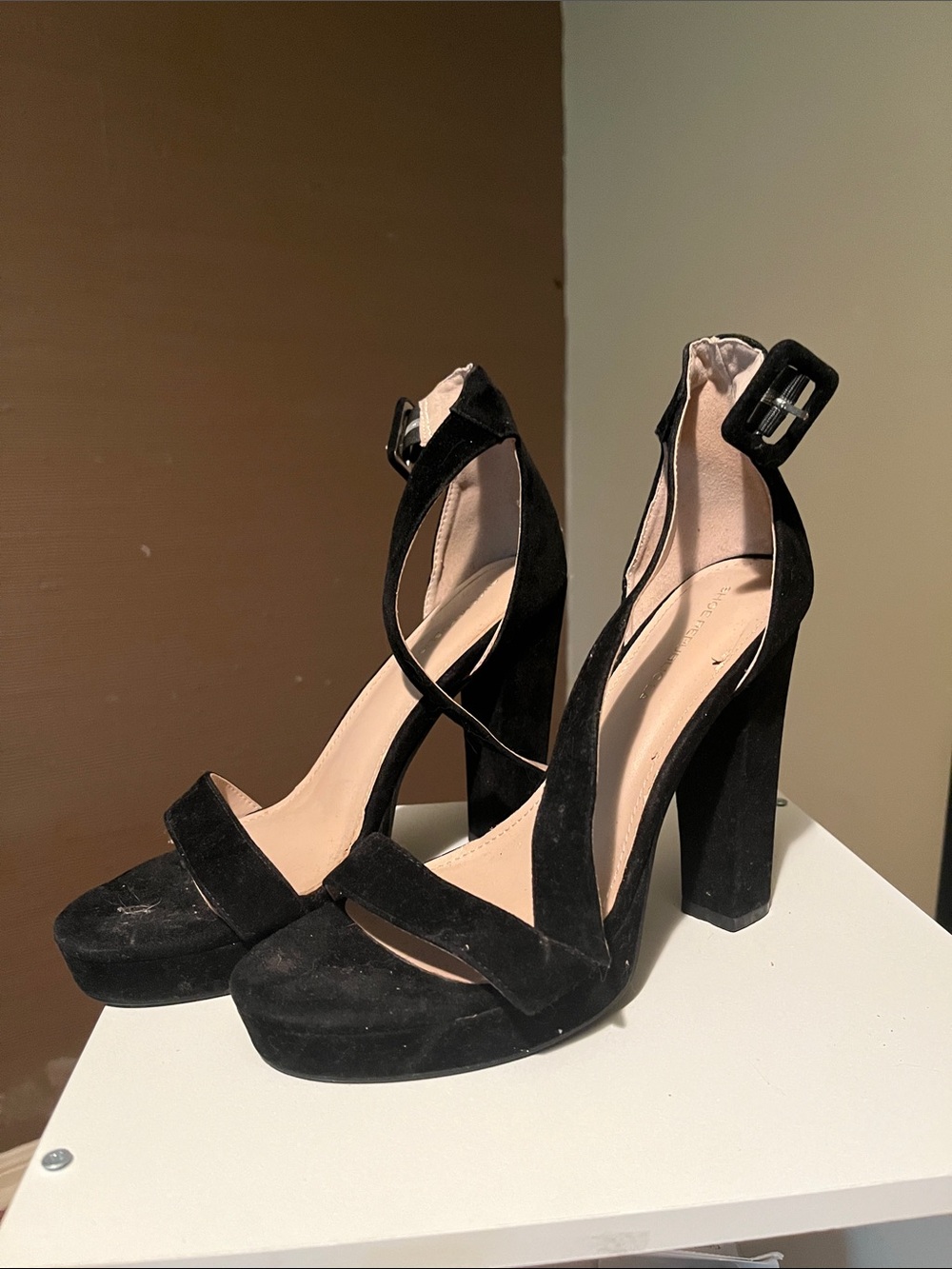 Shoe Republic LA Black Suede Platform Block Heel Sandals